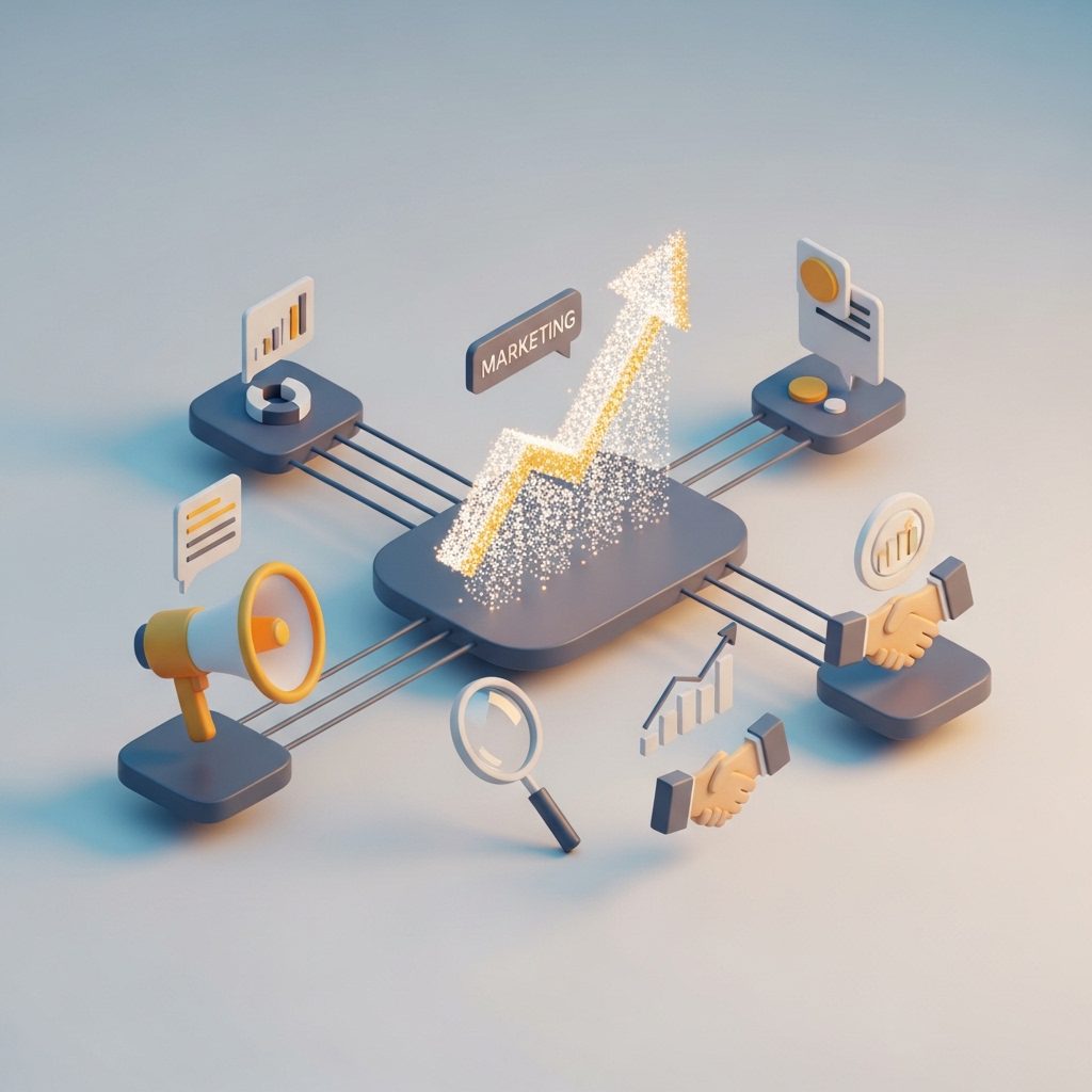 A conceptual dashboard visualization showing interconnected 3D streams of data, a stylized rising growth arrow made of glowing particles, abstract representations of a megaphone (marketing), a magnifying glass (search), and a handshake (business growth).