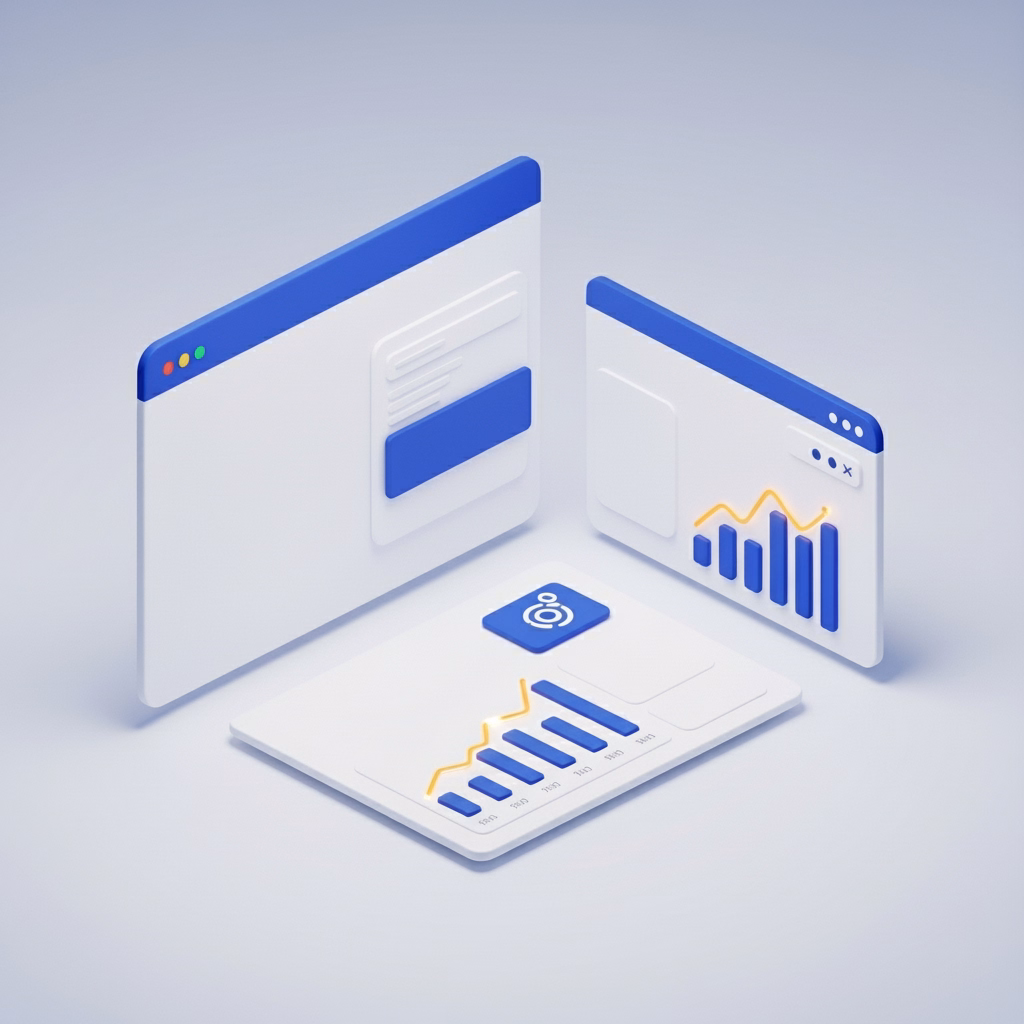 Modern digital advertising concept showing search engine results page with highlighted sponsored ads, clean analytics dashboard with rising conversion graphs, subtle icons for keywords, targeting, and ROI, soft blue and gray color palette on off-white background.