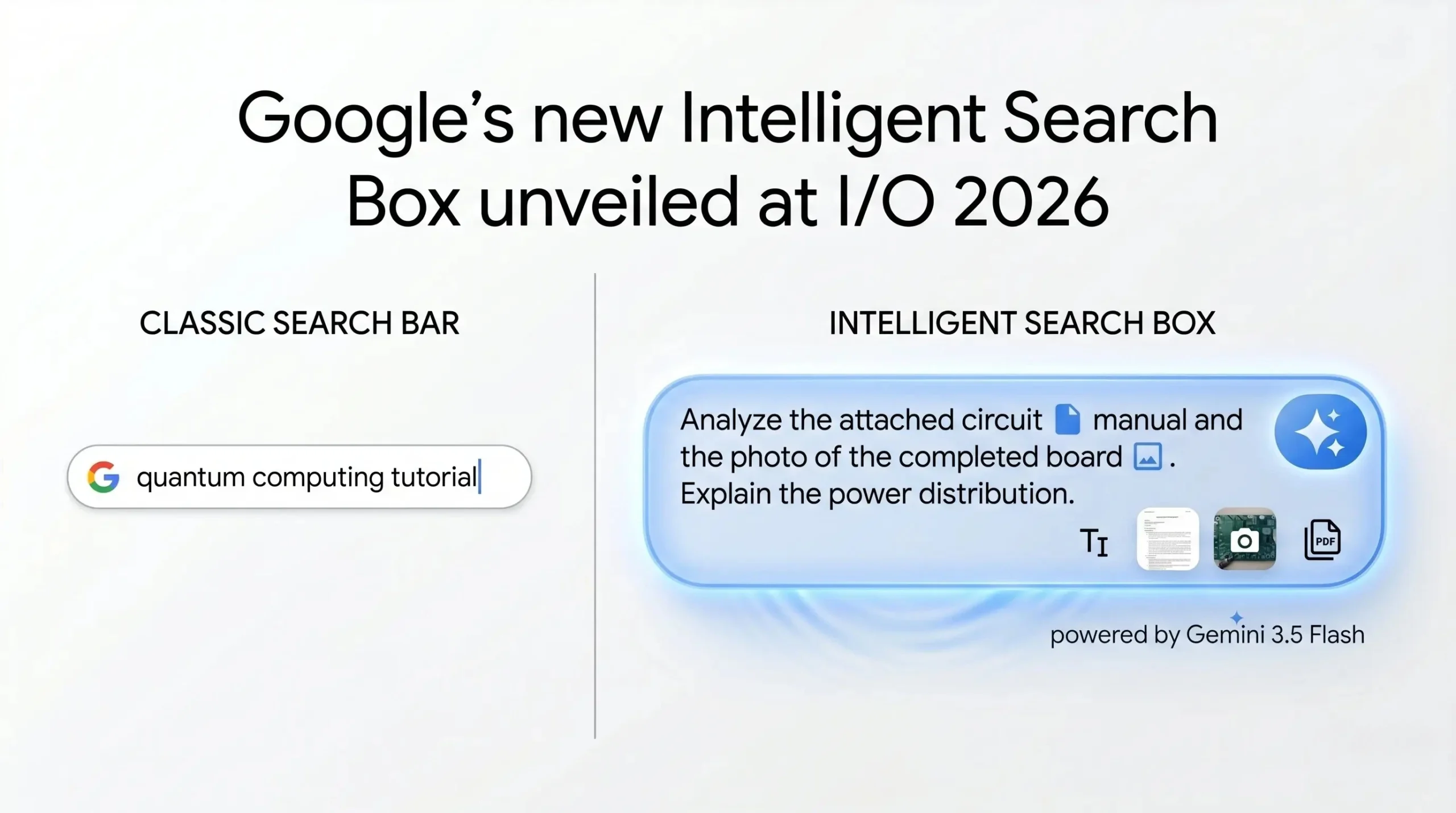 Side-by-side comparison of Google's classic search box versus the new Intelligent Search Box announced at Google I/O 2026