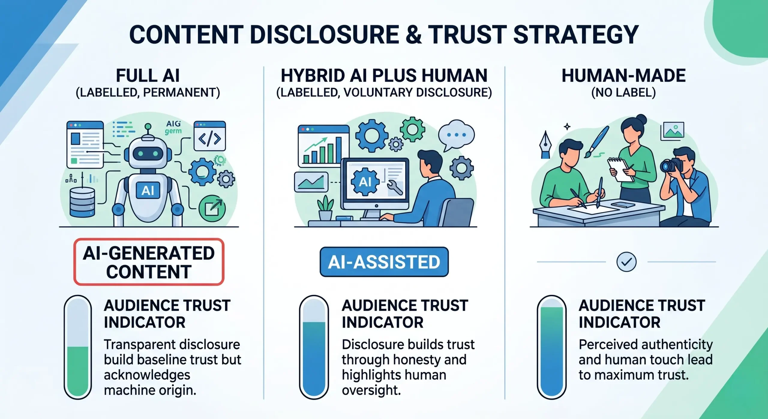 Content disclosure and trust strategy diagram showing Full AI, Hybrid AI plus Human, and Human-Made content tracks with their audience trust and label implications