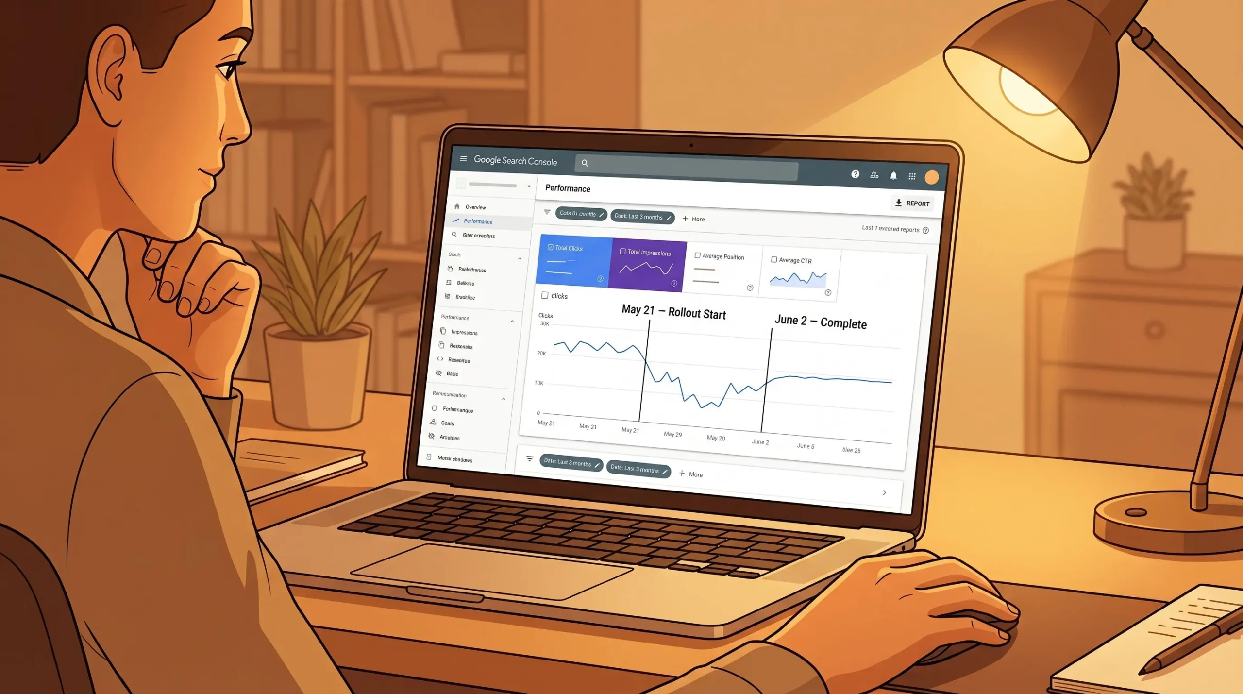 Google Search Console performance report on a laptop showing a traffic dip during the May 2026 core update rollout and a stabilising baseline after June 2 completion