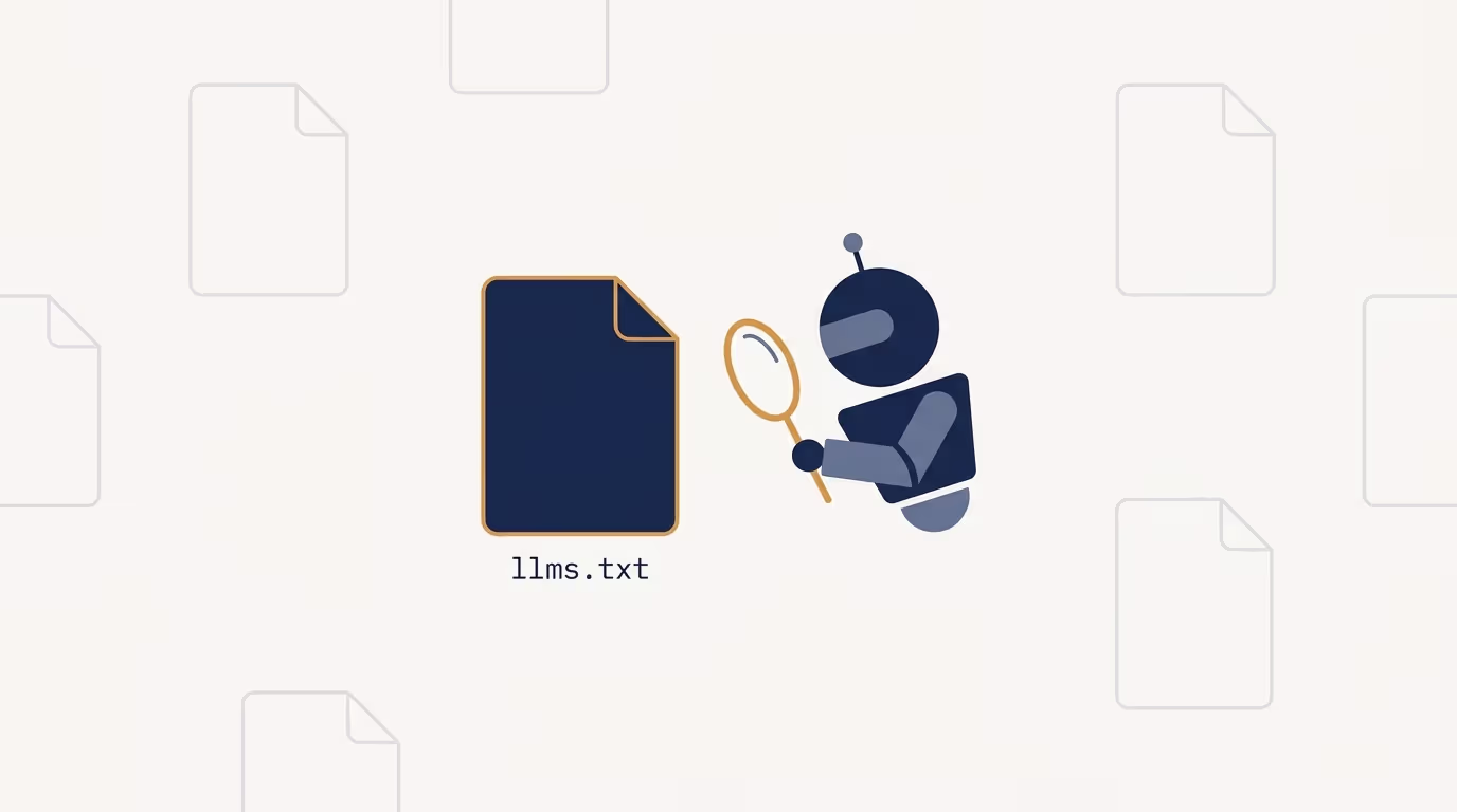 Editorial illustration of an llms.txt file being inspected by an AI agent icon, representing the limited and narrow role of self-authored AI text files in search discovery