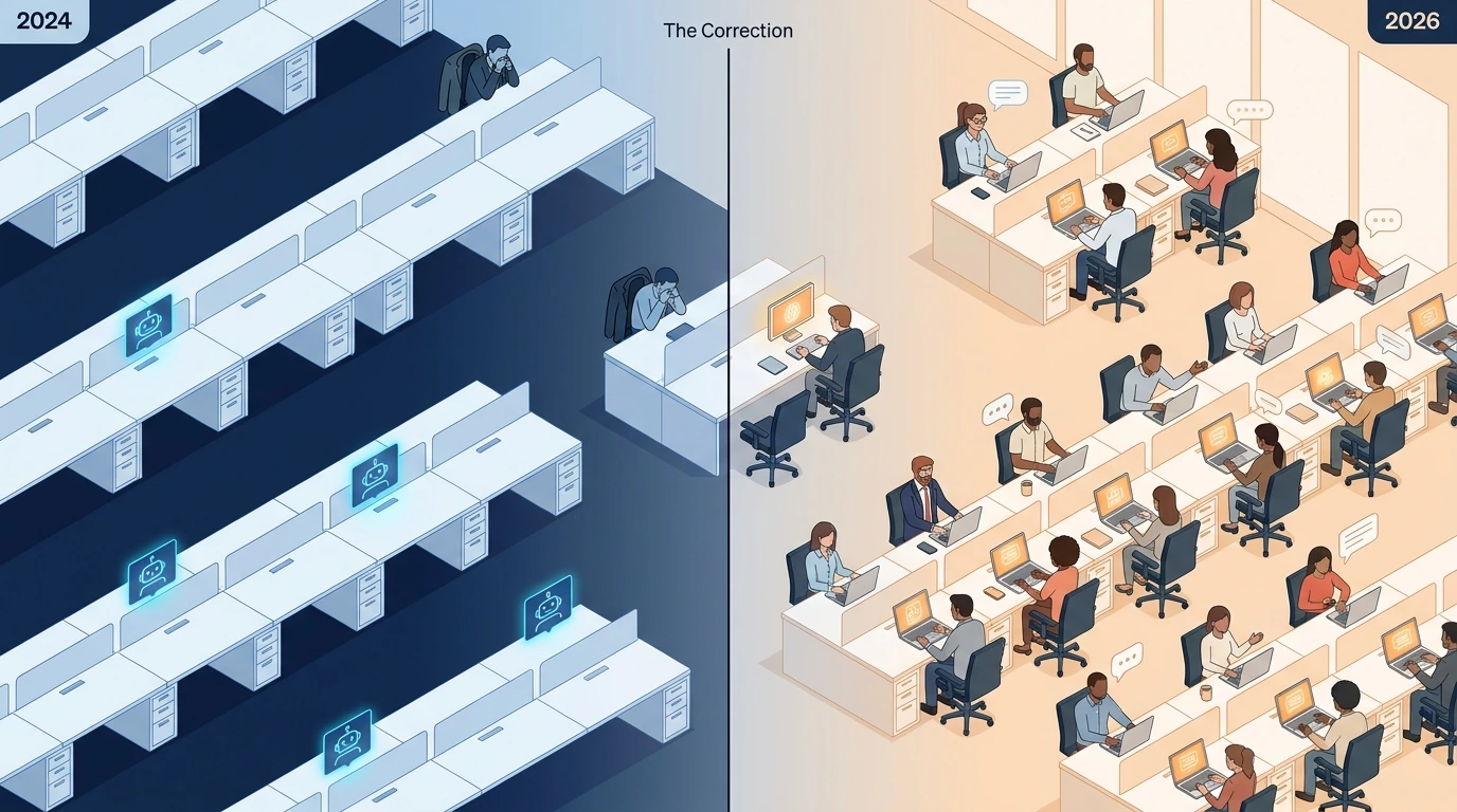 Isometric office illustration split into two halves. The 2024 side shows empty desks with AI terminals and cold blue lighting. The 2026 side shows the same office filled with people working alongside AI tools in warm amber lighting, representing the shift from full automation back to human-AI collaboration