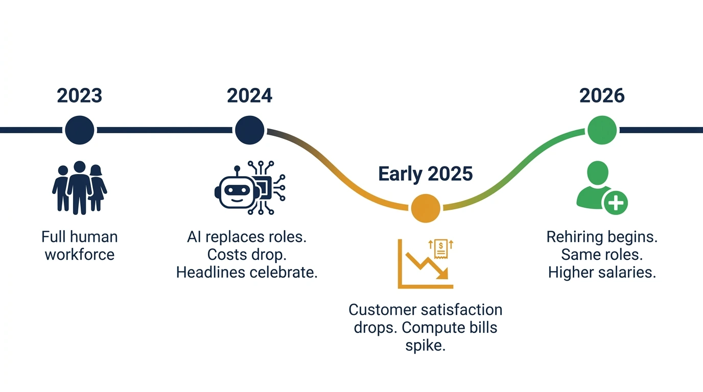 Editorial timeline showing a company workforce journey from full human staffing in 2023, to AI replacement in 2024, to customer satisfaction drops and compute cost spikes in early 2025, to rehiring at higher salaries in 2026