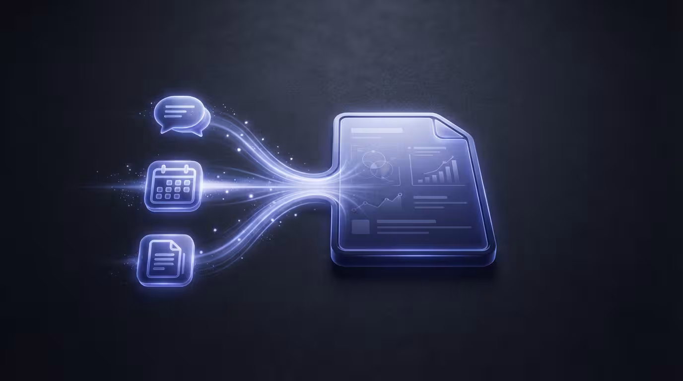 Illustration of glowing indigo app icons for chat, calendar, and documents flowing together into a single finished report, representing ChatGPT Work gathering context to produce a finished output