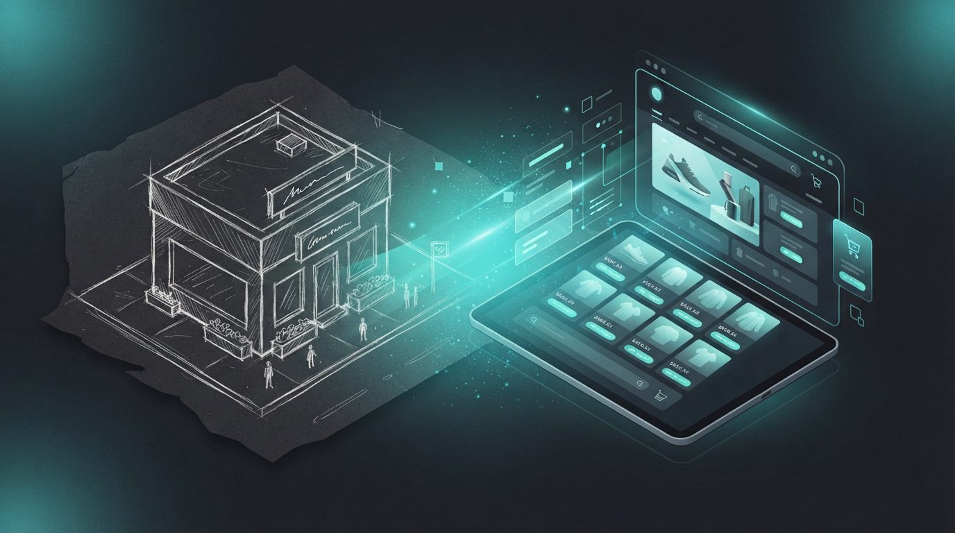 Illustration showing a rough sketch of a storefront transforming through a glowing teal light gradient into a fully formed online store interface, representing the shift from idea to live store in minutes