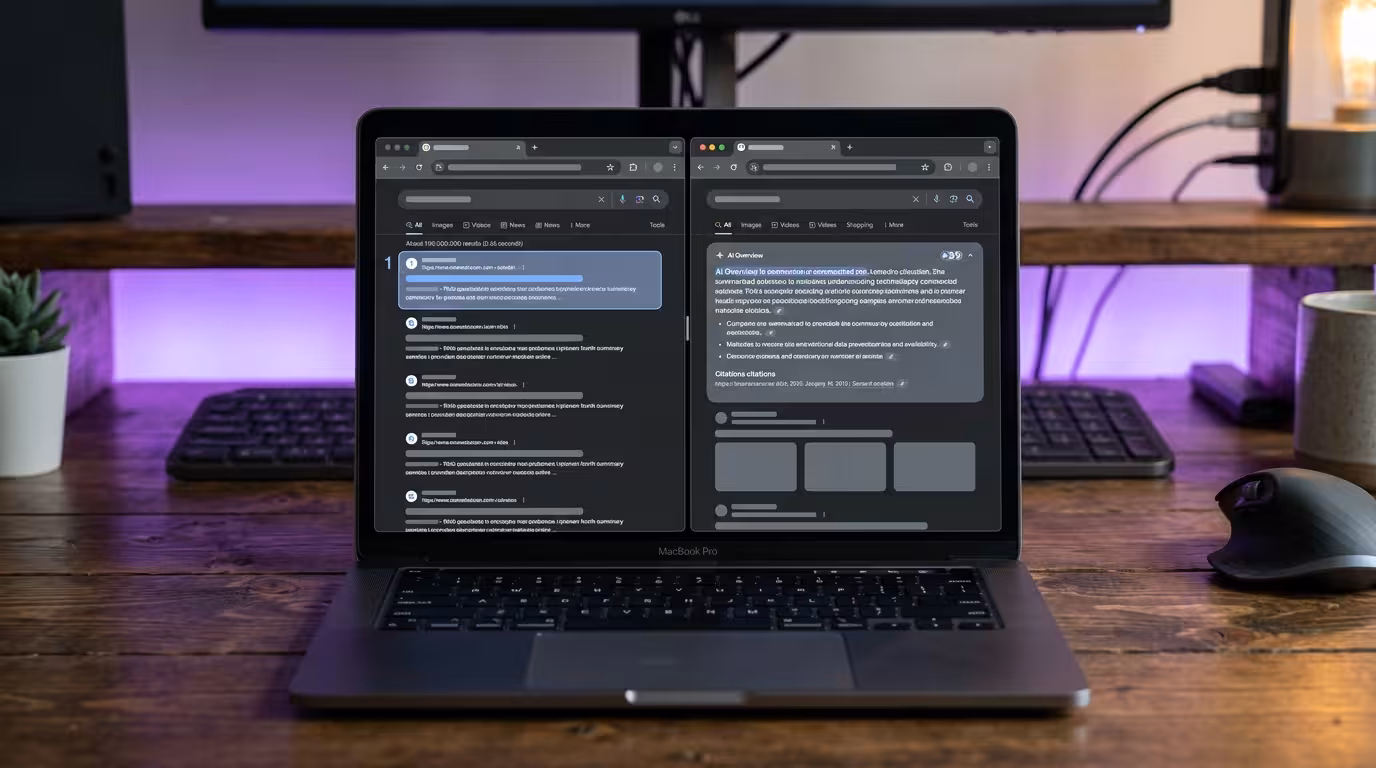 Side-by-side comparison of two browser windows, one showing a website ranked first in search results, the other showing the same search now displaying only an AI Overview answer with no visible website links, representing how a top ranking can still lose its clicks