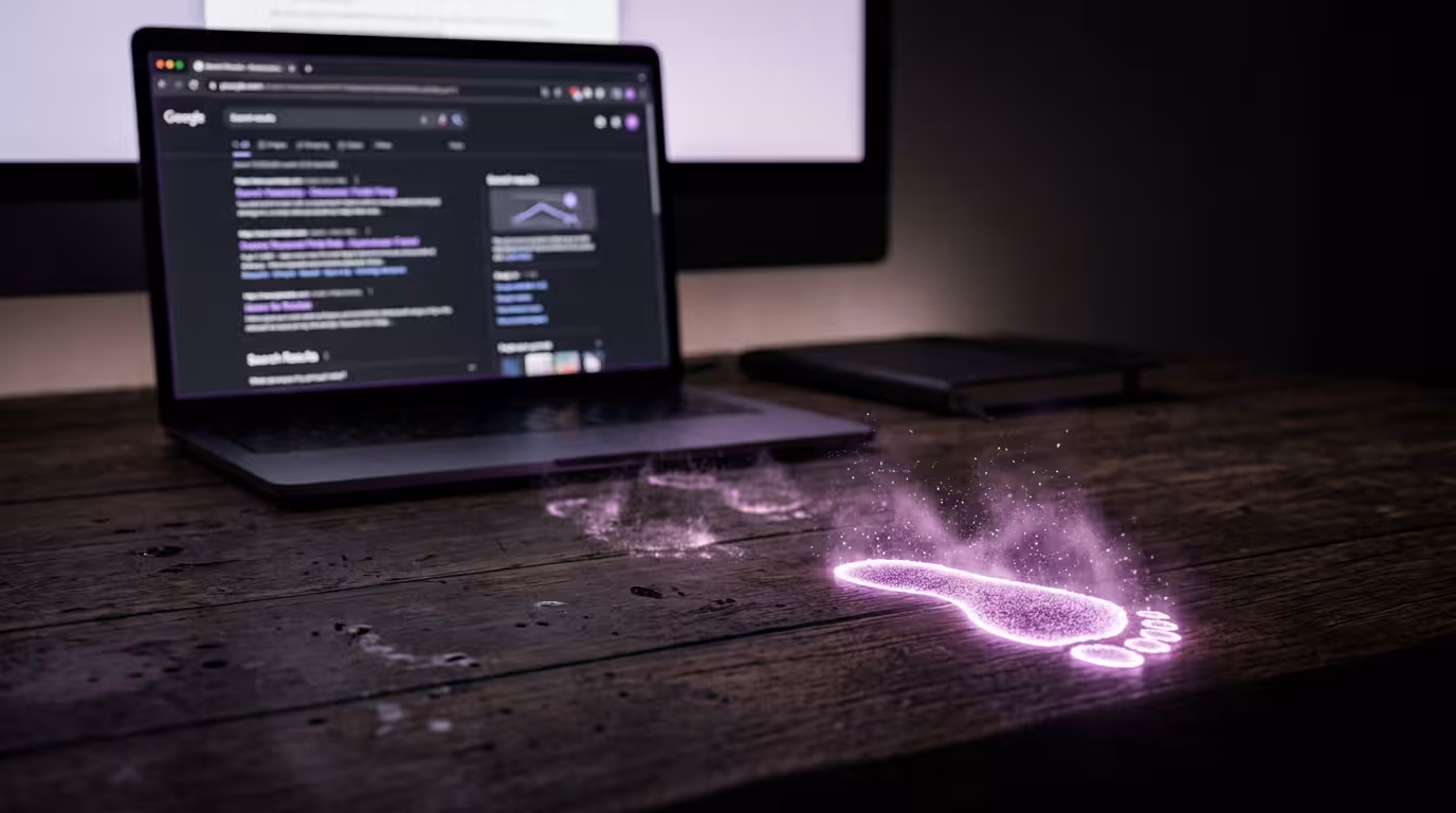 Illustration of a glowing plum-purple footprint fading into particles as it walks away from a browser window, representing a customer disappearing before reaching a website