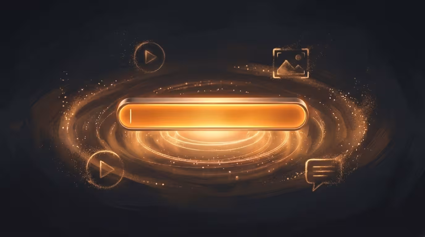 Illustration of a glowing orange search bar radiating light outward into faint outlines of a video play button, photo frame, and chat bubble, representing search results connecting to content across different formats and platforms