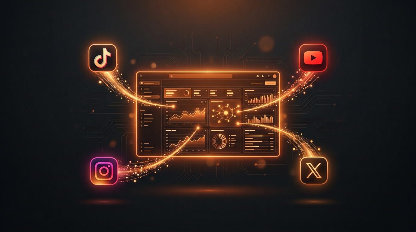 Illustration of Instagram, TikTok, X, and YouTube icons feeding into a glowing orange Google Search Console dashboard panel, representing social and video content performance data now appearing inside Search Console