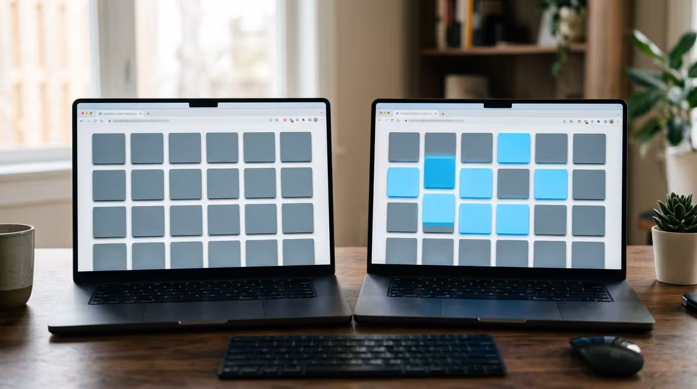 Side-by-side comparison of a plain grid of identical content boxes and the same grid with a few boxes highlighted and rearranged in glowing sky-blue, representing the difference between generic content and personalized recommendations